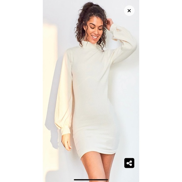 Cream Rib High Neck Open Back Detailed Dress - Picture 5 of 5